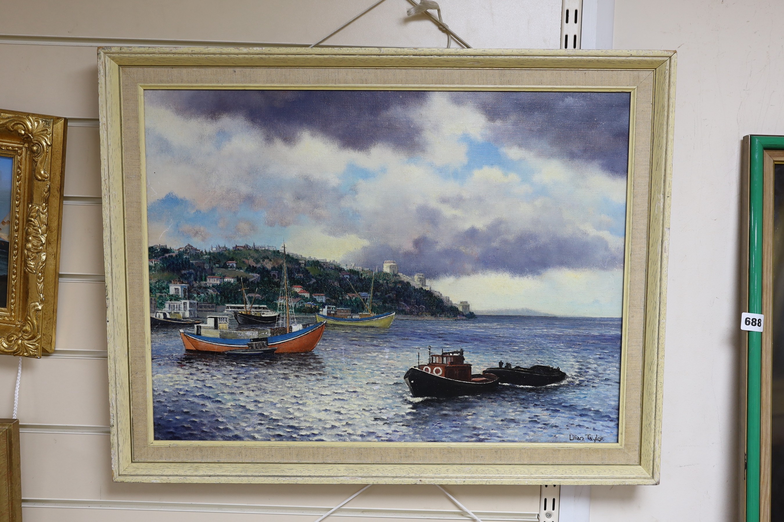 Lilian Taylor, oil on canvas, 'Storm clouds over the Bosphorus', signed, 44 x 59cm